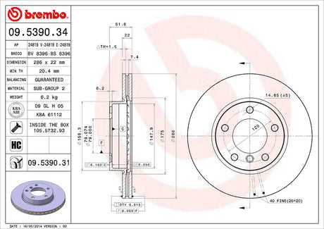 Product of Brembo 09539031C02 Vented 1 Piece Brake Rotor 