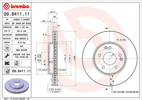 Product of Brembo 09841111C02 Vented 1 Piece Brake Rotor 