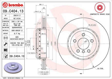Product of Brembo 09C40413C02 Vented 1 Piece Brake Rotor 