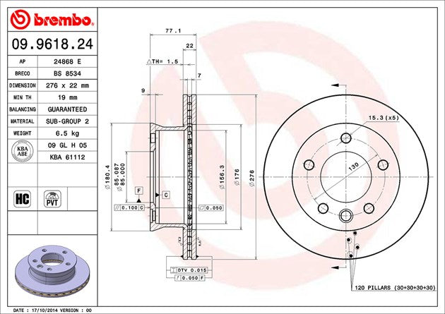 Product of Brembo 09961824C02 Vented 1 Piece Brake Rotor 