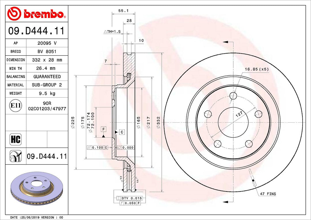 Product of Brembo 09D44411C02 Vented 1 Piece Brake Rotor 