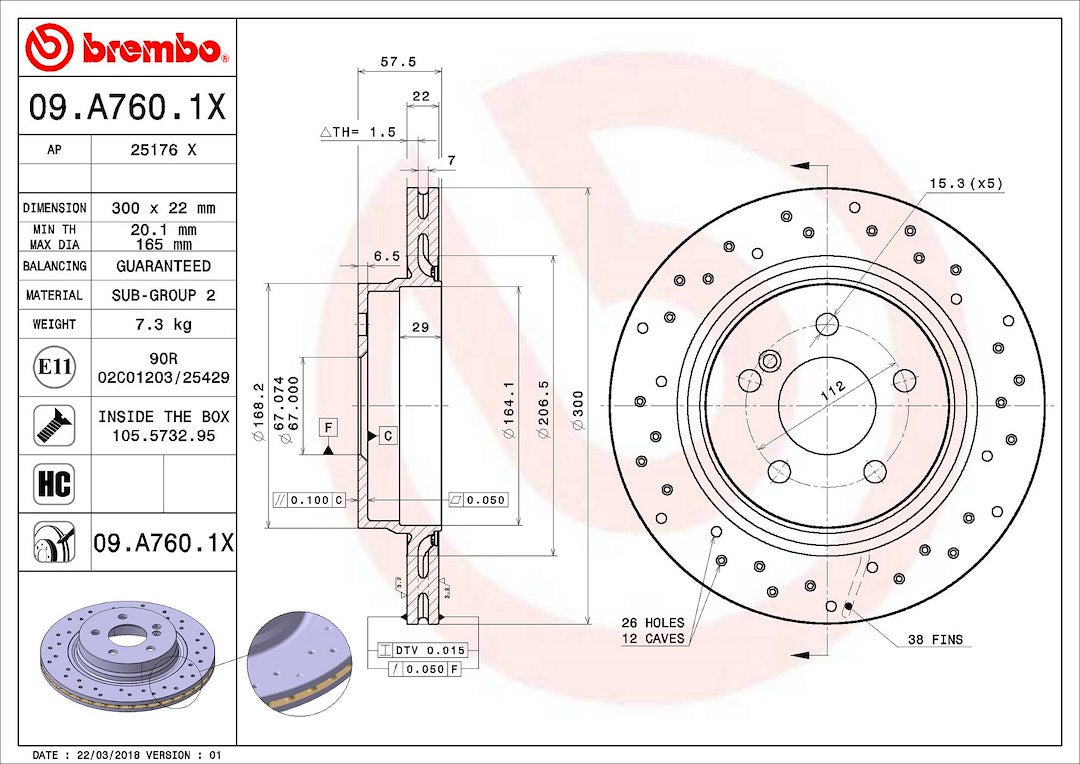 Product of Brembo 09A7601XC02 Xtra Vented Cross Drilled 1 Piece Brake Rotor 