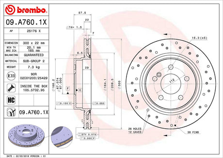 Product of Brembo 09A7601XC02 Xtra Vented Cross Drilled 1 Piece Brake Rotor 
