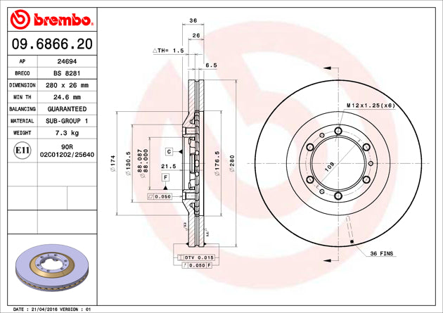 Product of Brembo 09686620C02 Vented 1 Piece Brake Rotor 