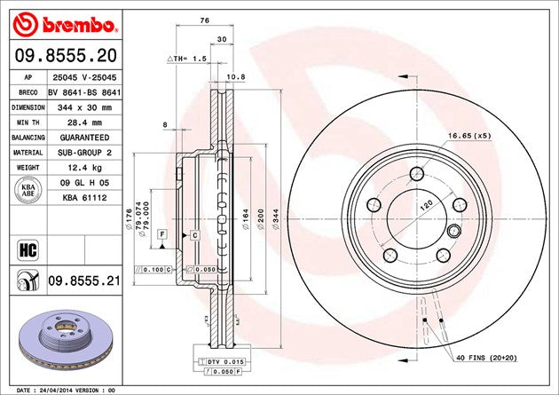 Product of Brembo 09855521C02 Vented 1 Piece Brake Rotor 