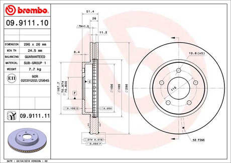 Product of Brembo 09911111C02 Vented 1 Piece Brake Rotor 