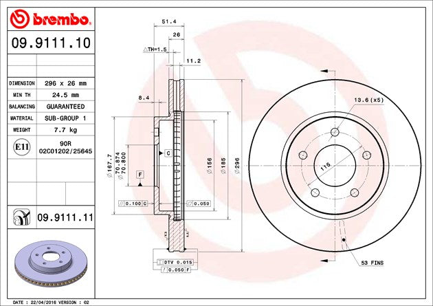 Product of Brembo 09911111C02 Vented 1 Piece Brake Rotor 