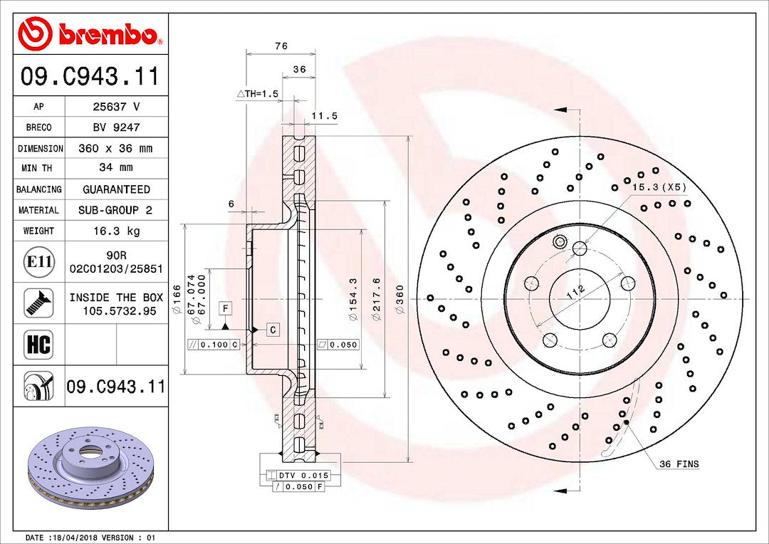 Product of Brembo 09C94311C02 Vented Cross Drilled 1 Piece Brake Rotor 