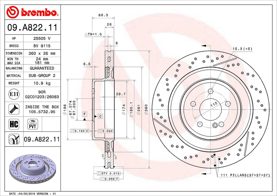Product of Brembo 09A82211C02 Vented Cross Drilled 1 Piece Brake Rotor 