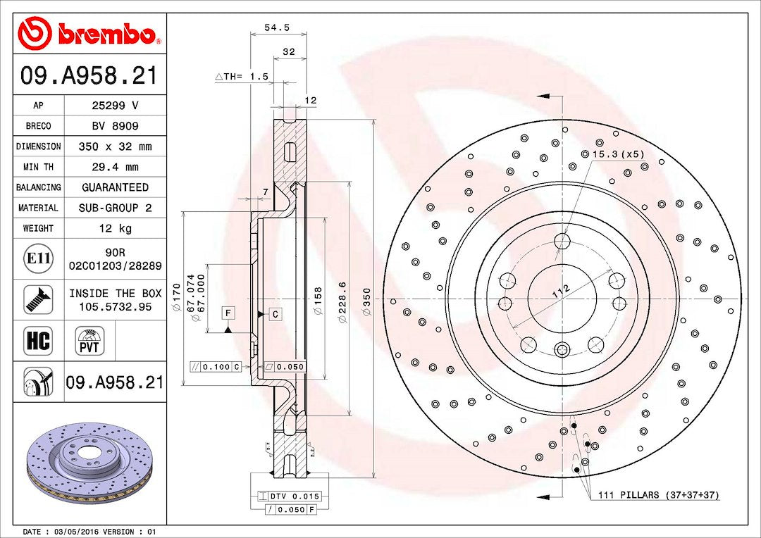 Product of Brembo 09A95821C02 Vented Cross Drilled 1 Piece Brake Rotor 