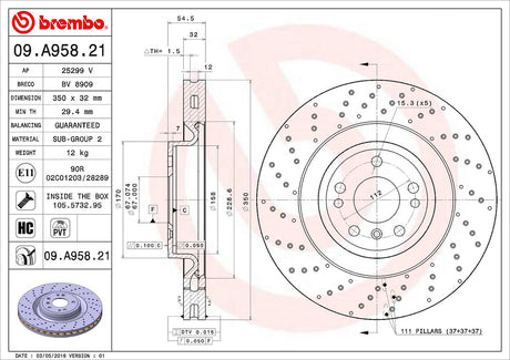 Product of Brembo 09A95821C02 Vented Cross Drilled 1 Piece Brake Rotor 
