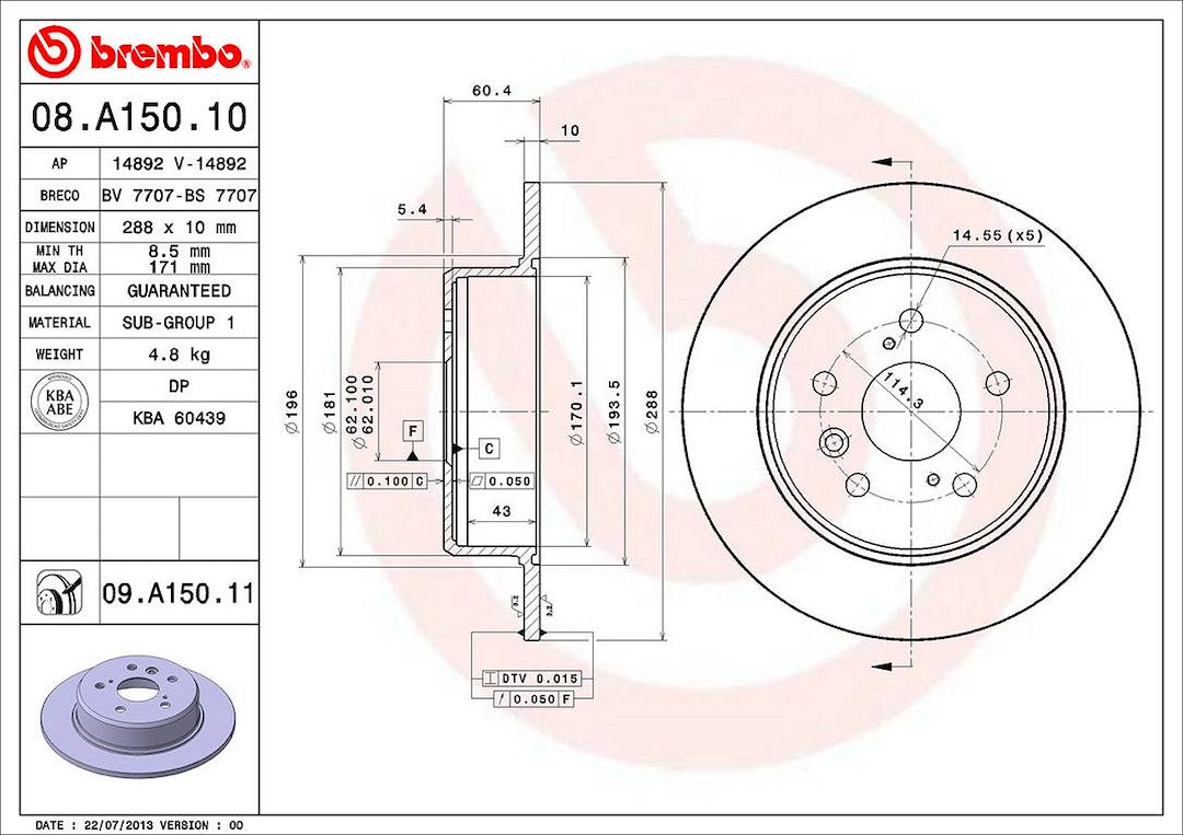 Product of Brembo 08A15011C02 Solid 1 Piece Brake Rotor 
