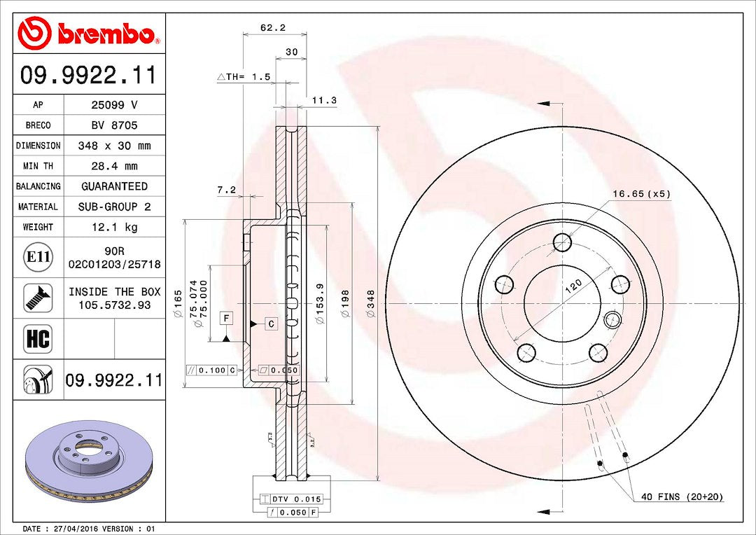 Product of Brembo 09992211C02 Vented 1 Piece Brake Rotor 