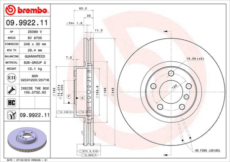 Product of Brembo 09992211C02 Vented 1 Piece Brake Rotor 