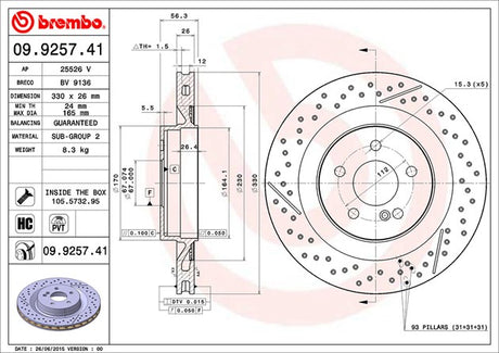 Product of Brembo 09925741C02 Vented Cross Drilled 1 Piece Brake Rotor 