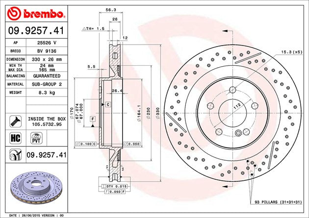 Product of Brembo 09925741C02 Vented Cross Drilled 1 Piece Brake Rotor 