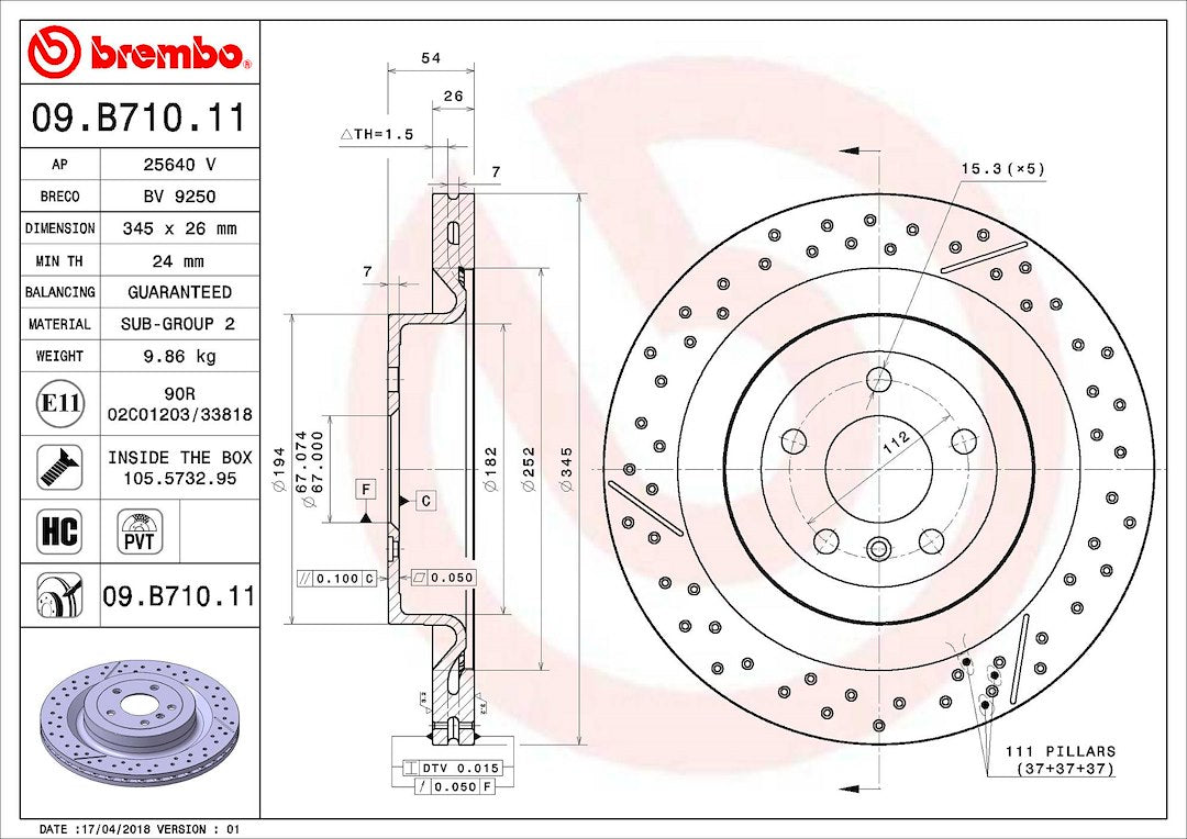 Product of Brembo 09B71011C02 Vented Cross Drilled 1 Piece Brake Rotor 