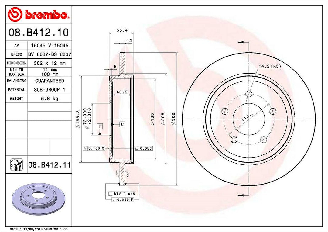 Product of Brembo 08B41211C02 Solid 1 Piece Brake Rotor 