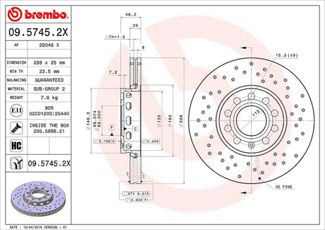 Product of Brembo 0957452XC02 Xtra Vented Cross Drilled 1 Piece Brake Rotor 