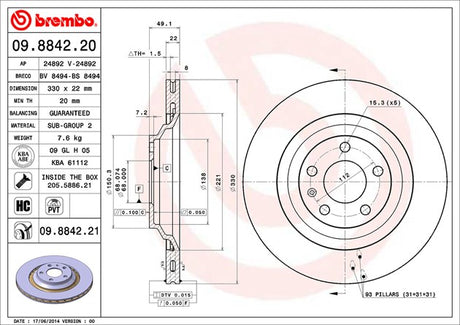 Product of Brembo 09884221C02 Vented 1 Piece Brake Rotor 
