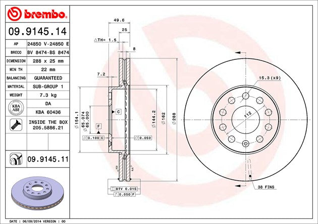 Product of Brembo 09914511C02 Vented 1 Piece Brake Rotor 