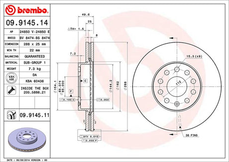 Product of Brembo 09914511C02 Vented 1 Piece Brake Rotor 