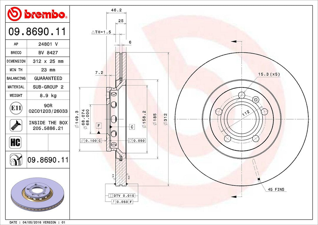 Product of Brembo 09869011C02 Solid 1-Piece Brake Rotor 