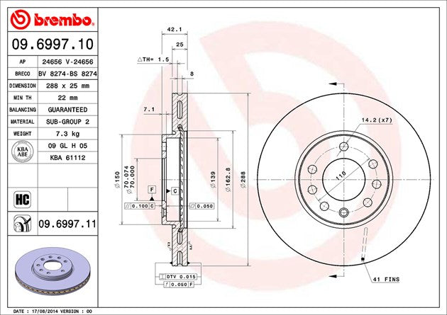 Product of Brembo 09699711C02 Vented 1 Piece Brake Rotor 