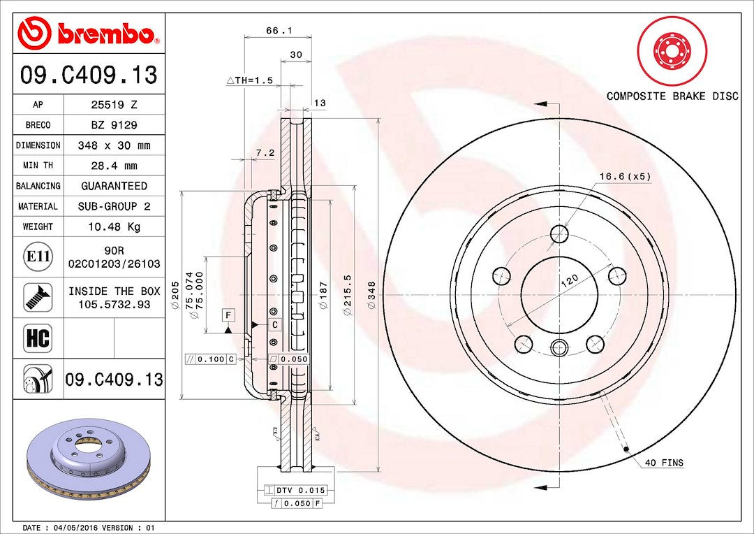 Product of Brembo 09C40913C02 Vented 1 Piece Brake Rotor 