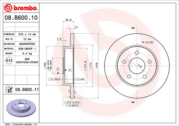 Product of Brembo 08B60011C02 Solid 1 Piece Brake Rotor 
