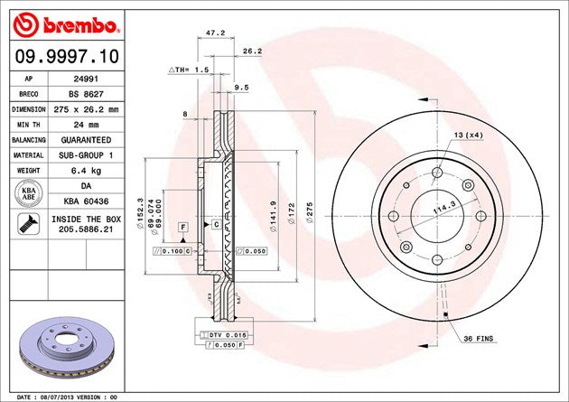 Product of Brembo 09999710C02 Vented 1 Piece Brake Rotor 