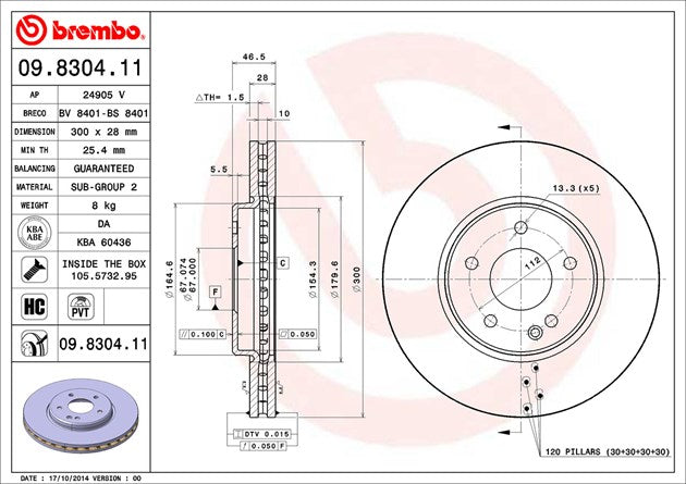 Product of Brembo 09830411C02 Vented 1 Piece Brake Rotor 
