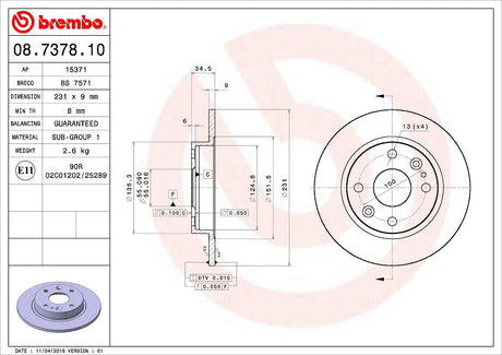 Product of Brembo 08737810C02 Solid 1 Piece Brake Rotor 