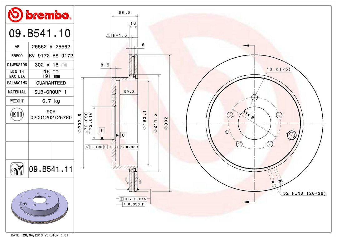 Product of Brembo 09B54111C02 Vented 1 Piece Brake Rotor 