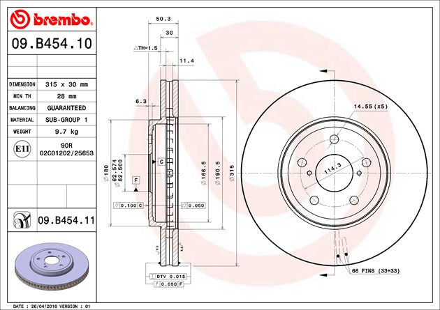 Product of Brembo 09B45411C02 Vented 1 Piece Brake Rotor 