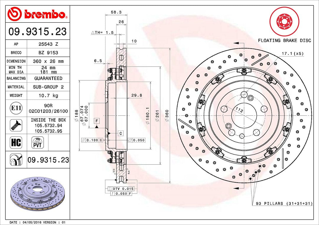 Product of Brembo 09931523C02 Vented Cross Drilled 1-Piece Brake Rotor 