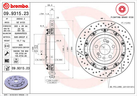 Product of Brembo 09931523C02 Vented Cross Drilled 1-Piece Brake Rotor 
