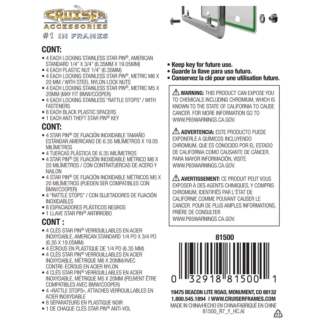 Cruiser 81500 License Plate Mounting Hardware||81500_P02-Locking-Fasteners_Ult-Kit_Stainless_Star-Pin-Backpack.Jpg||87||c3481500||2294282