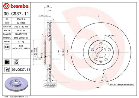 Product of Brembo 09C93711C02 Vented 1 Piece Brake Rotor 