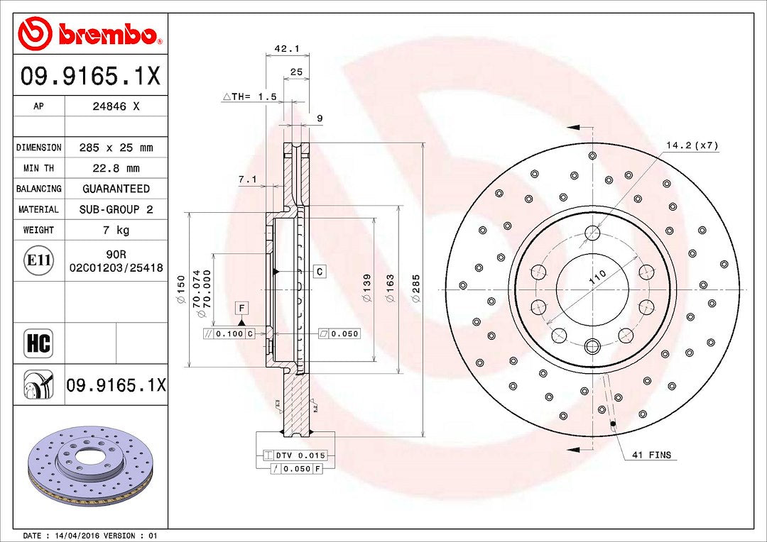Product of Brembo 0991651XC02 Xtra Vented Cross Drilled 1 Piece Brake Rotor 