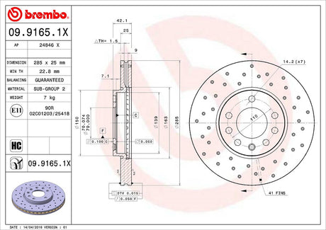 Product of Brembo 0991651XC02 Xtra Vented Cross Drilled 1 Piece Brake Rotor 