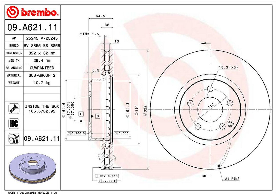 Product of Brembo 09A62111C02 Vented 1 Piece Brake Rotor 