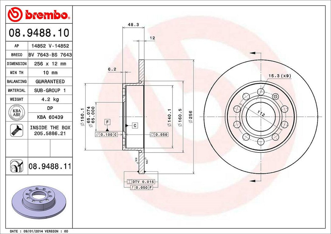 Product of Brembo 08948811C02 Solid 1 Piece Brake Rotor 