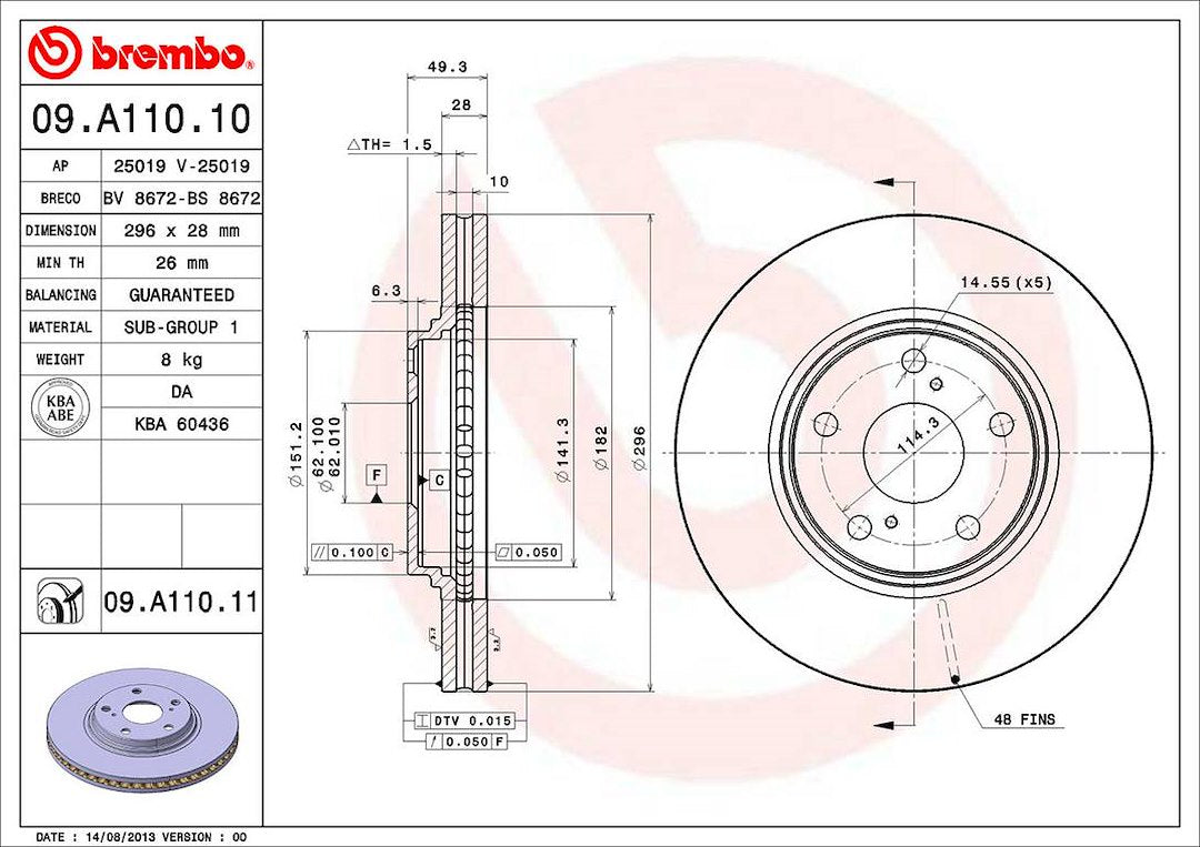 Product of Brembo 09A11011C02 Vented 1 Piece Brake Rotor 