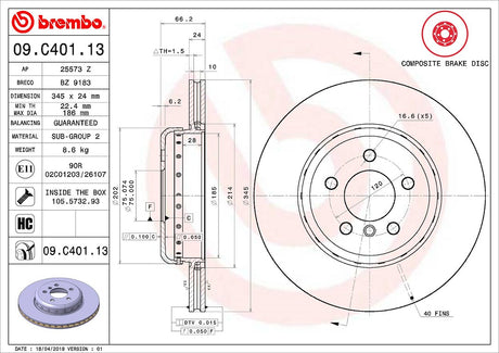 Product of Brembo 09C40113C02 Vented 1 Piece Brake Rotor 