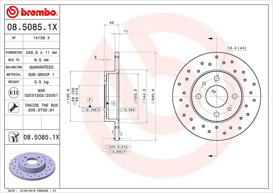 Product of Brembo 0850851XC02 Xtra Solid Cross Drilled 1 Piece Brake Rotor 