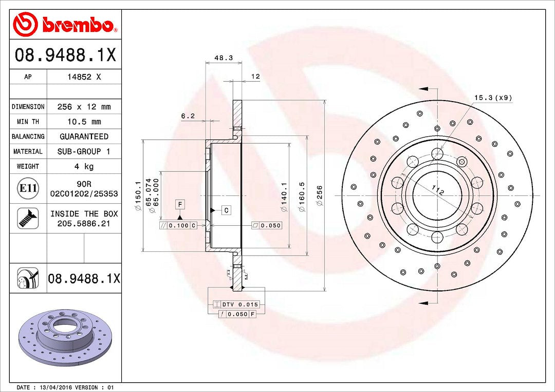 Product of Brembo 0894881XC02 Xtra Solid Cross Drilled 1 Piece Brake Rotor 