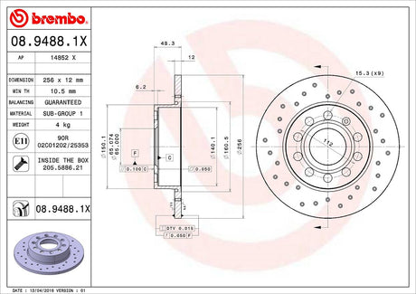 Product of Brembo 0894881XC02 Xtra Solid Cross Drilled 1 Piece Brake Rotor 