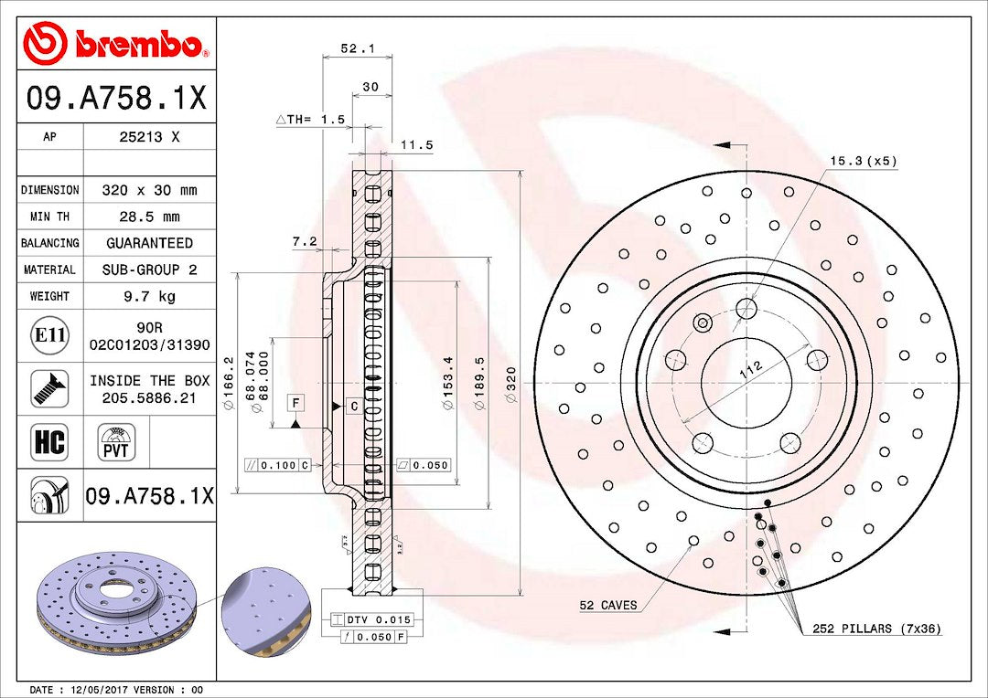 Product of Brembo 09A7581XC02 Xtra Vented Cross Drilled 1 Piece Brake Rotor 