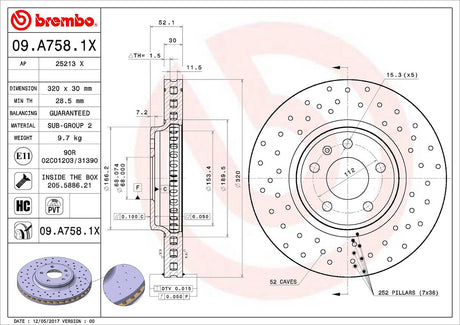 Product of Brembo 09A7581XC02 Xtra Vented Cross Drilled 1 Piece Brake Rotor 